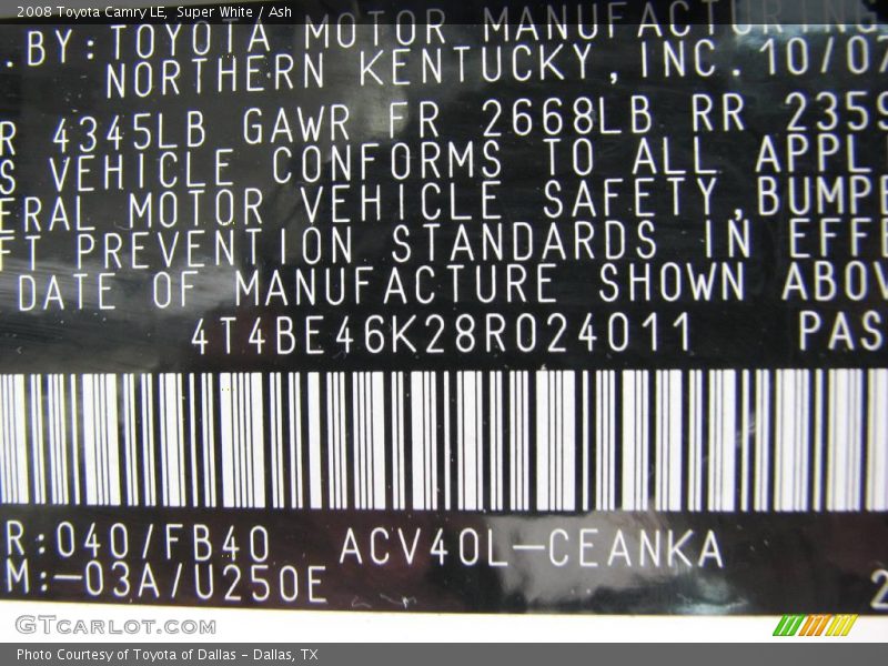 Super White / Ash 2008 Toyota Camry LE