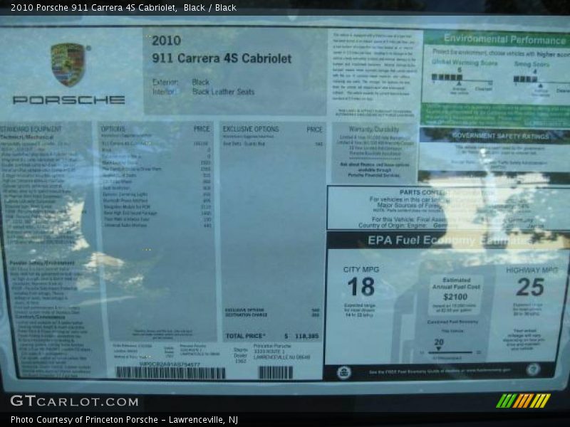  2010 911 Carrera 4S Cabriolet Window Sticker