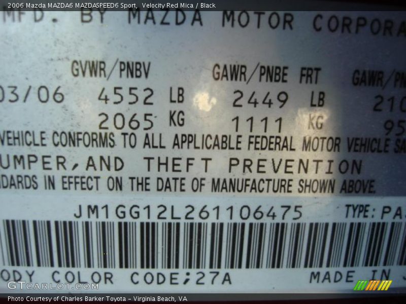 Velocity Red Mica / Black 2006 Mazda MAZDA6 MAZDASPEED6 Sport