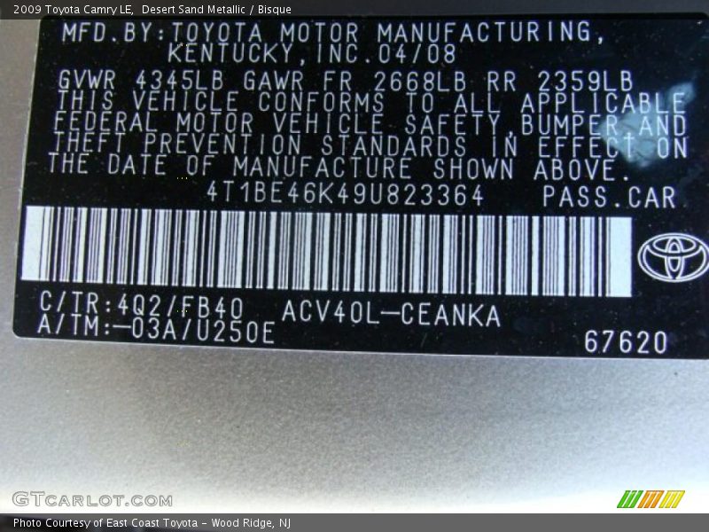 Desert Sand Metallic / Bisque 2009 Toyota Camry LE