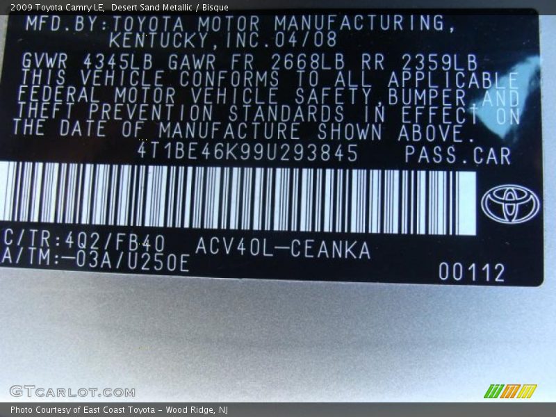 Desert Sand Metallic / Bisque 2009 Toyota Camry LE