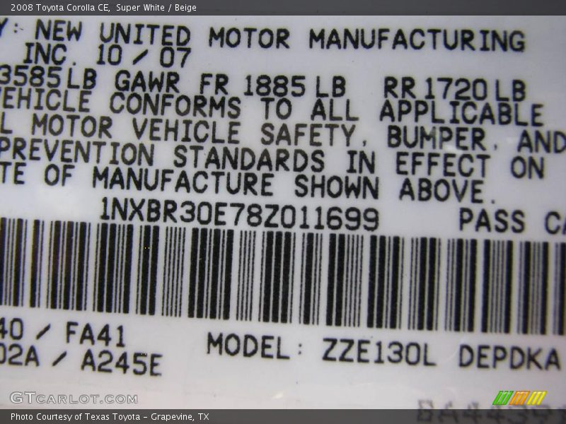 Super White / Beige 2008 Toyota Corolla CE