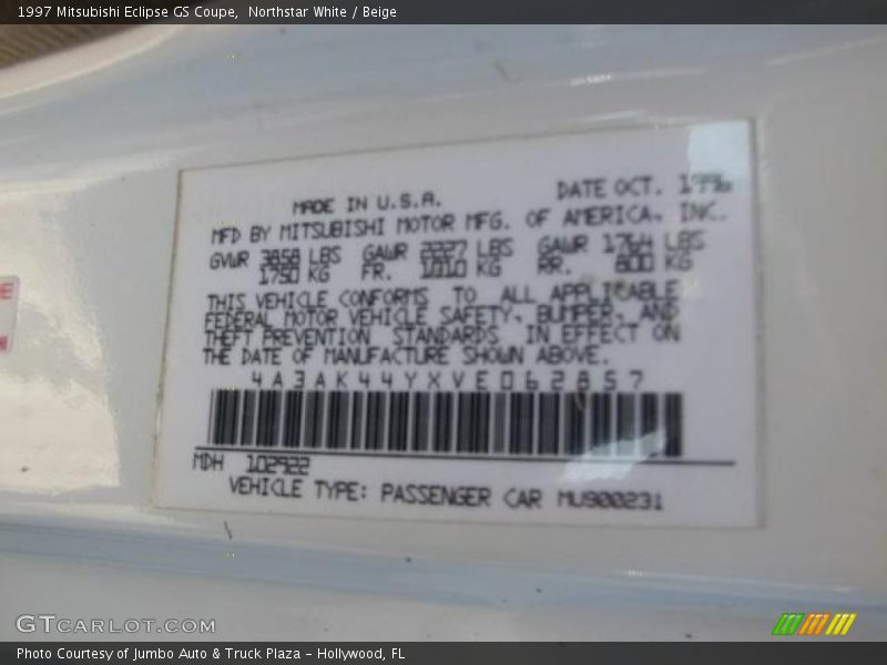 Northstar White / Beige 1997 Mitsubishi Eclipse GS Coupe