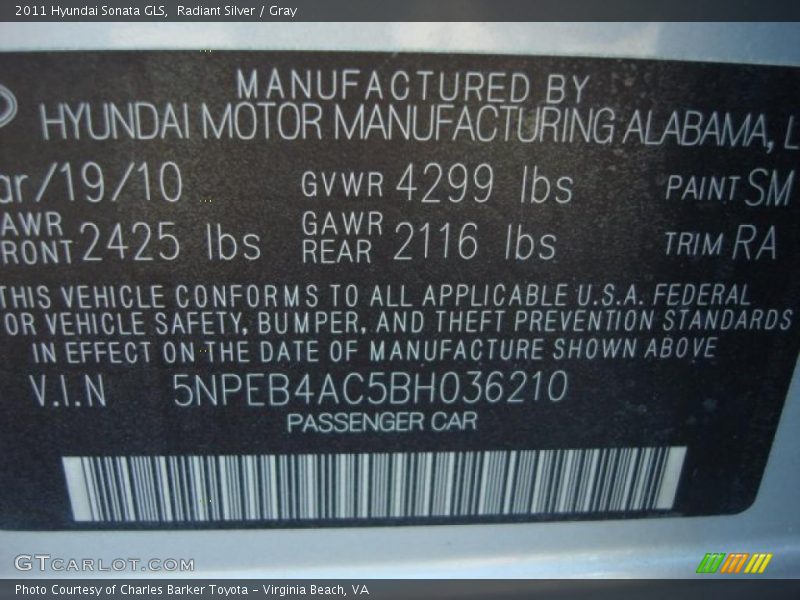 Radiant Silver / Gray 2011 Hyundai Sonata GLS