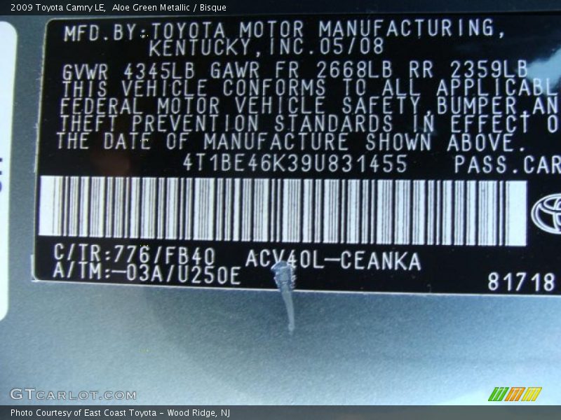 Aloe Green Metallic / Bisque 2009 Toyota Camry LE