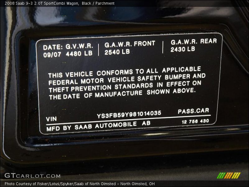 Info Tag of 2008 9-3 2.0T SportCombi Wagon