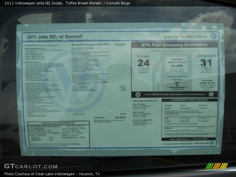 Toffee Brown Metallic / Cornsilk Beige 2011 Volkswagen Jetta SEL Sedan