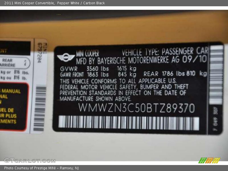 Pepper White / Carbon Black 2011 Mini Cooper Convertible