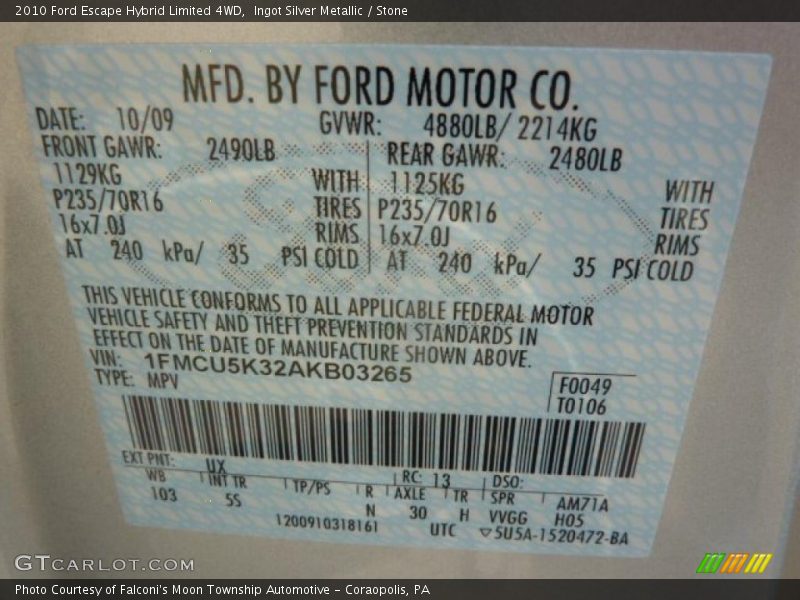 2010 Escape Hybrid Limited 4WD Ingot Silver Metallic Color Code UX