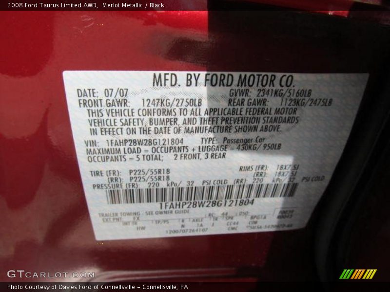 Merlot Metallic / Black 2008 Ford Taurus Limited AWD