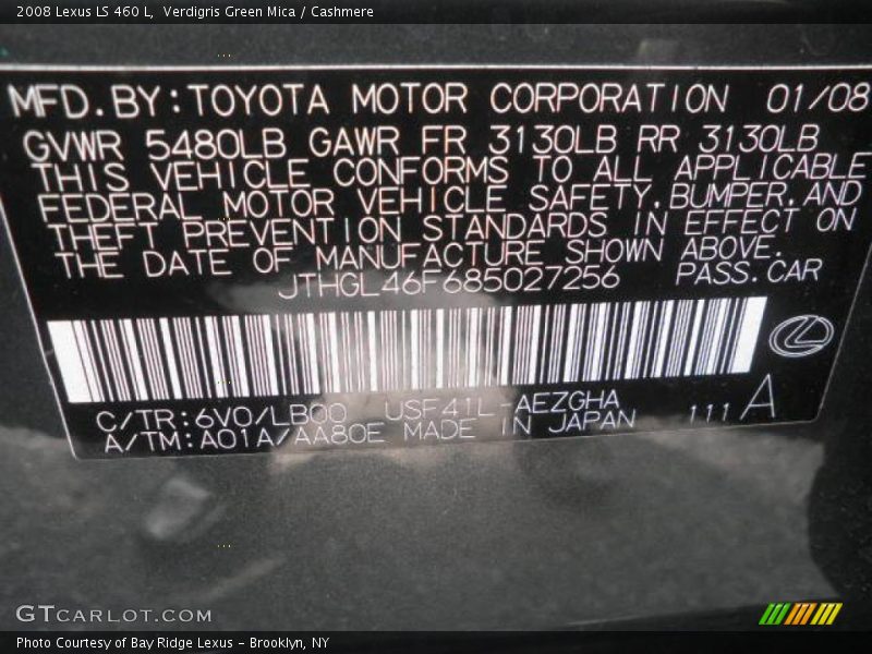 2008 LS 460 L Verdigris Green Mica Color Code 6V0