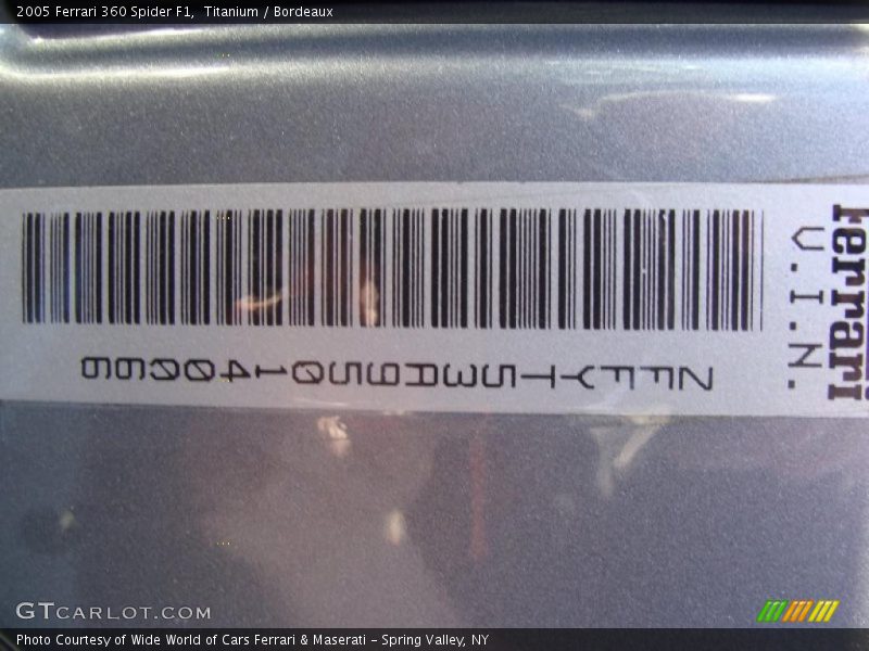 Info Tag of 2005 360 Spider F1