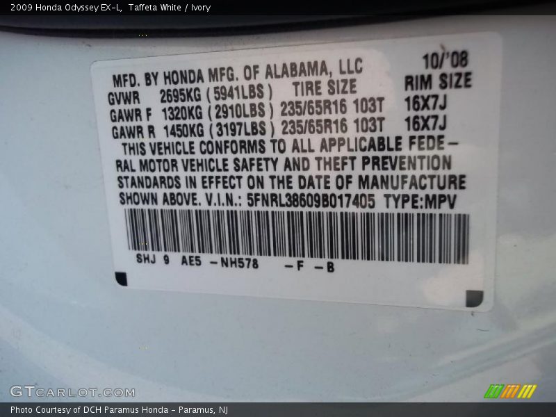 Taffeta White / Ivory 2009 Honda Odyssey EX-L