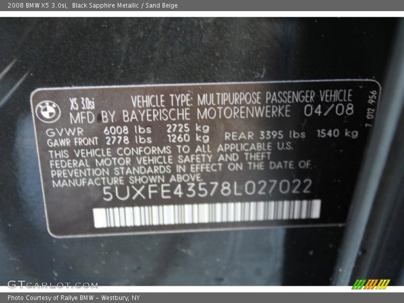 Black Sapphire Metallic / Sand Beige 2008 BMW X5 3.0si