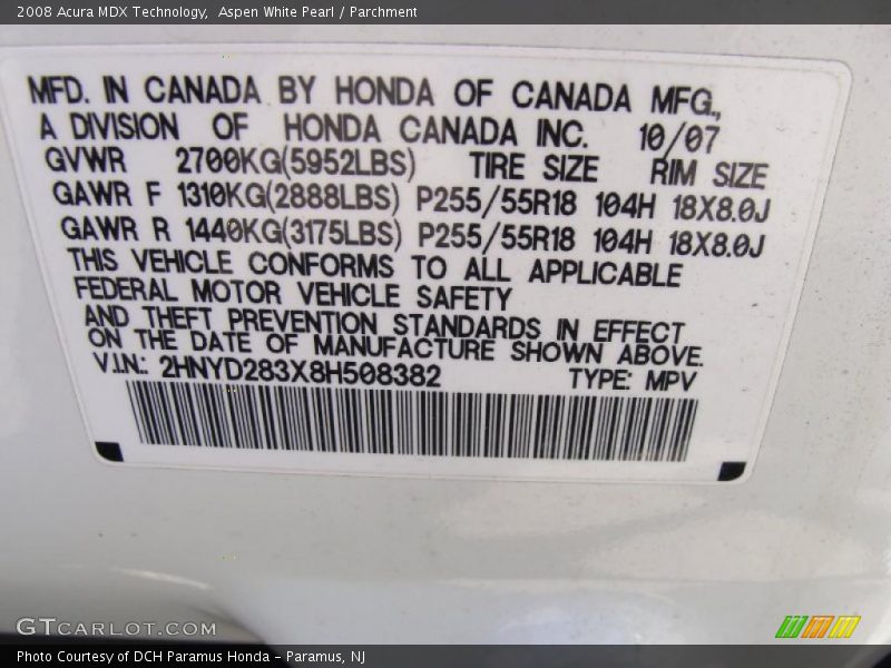 Aspen White Pearl / Parchment 2008 Acura MDX Technology