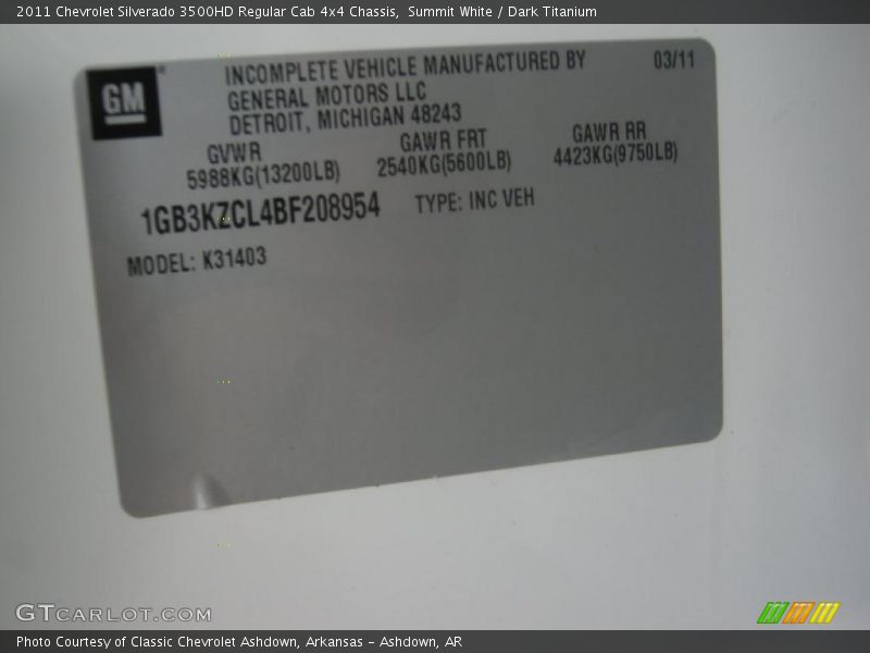 Summit White / Dark Titanium 2011 Chevrolet Silverado 3500HD Regular Cab 4x4 Chassis