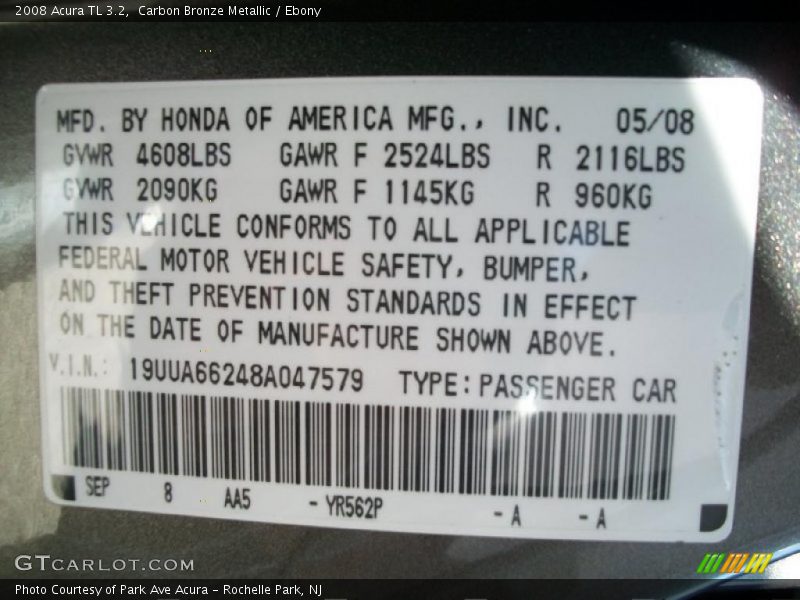 Carbon Bronze Metallic / Ebony 2008 Acura TL 3.2