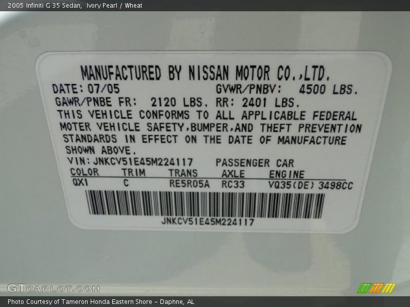 Ivory Pearl / Wheat 2005 Infiniti G 35 Sedan