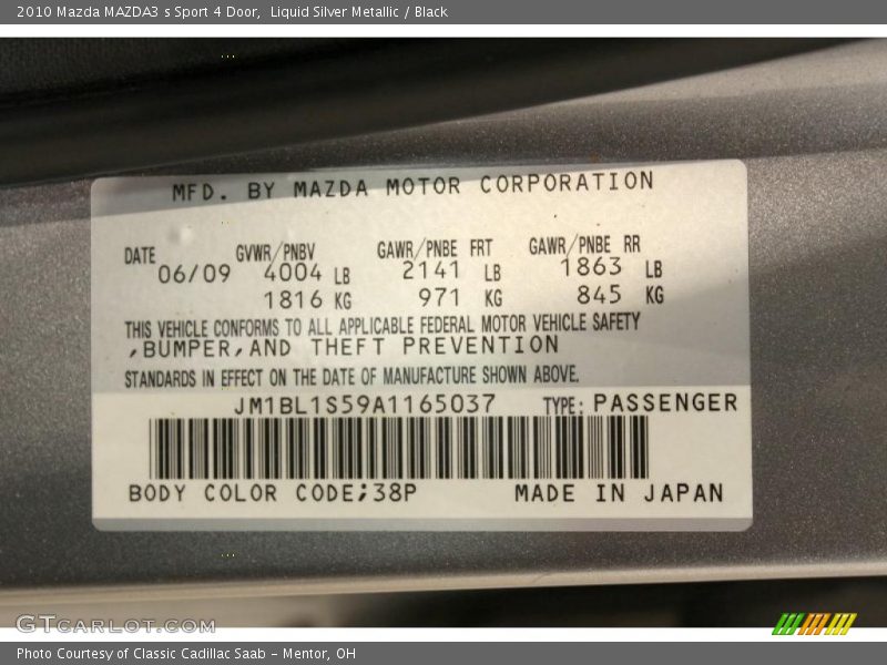 2010 MAZDA3 s Sport 4 Door Liquid Silver Metallic Color Code 38P