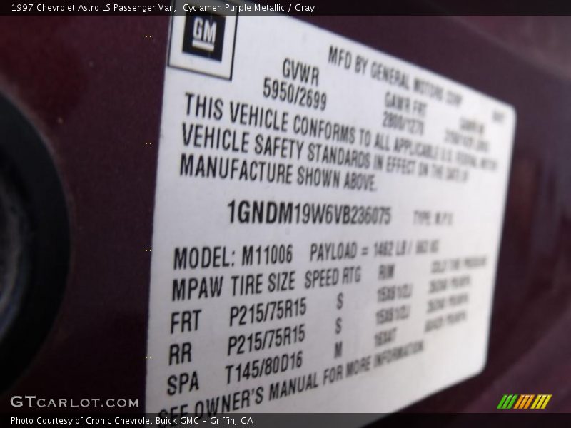 Info Tag of 1997 Astro LS Passenger Van