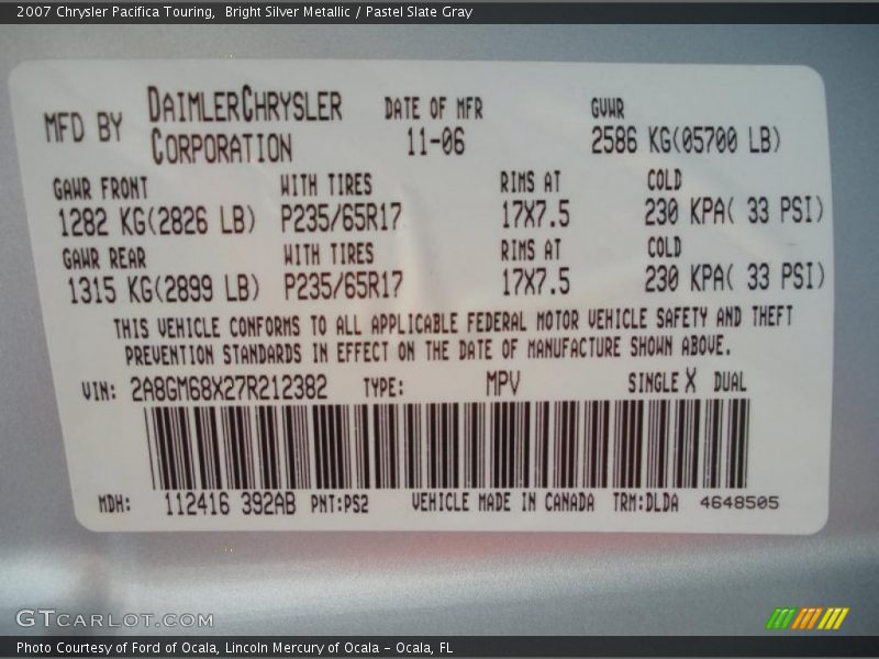 Bright Silver Metallic / Pastel Slate Gray 2007 Chrysler Pacifica Touring