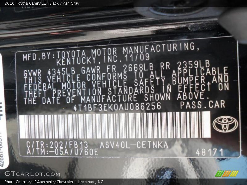 Black / Ash Gray 2010 Toyota Camry LE