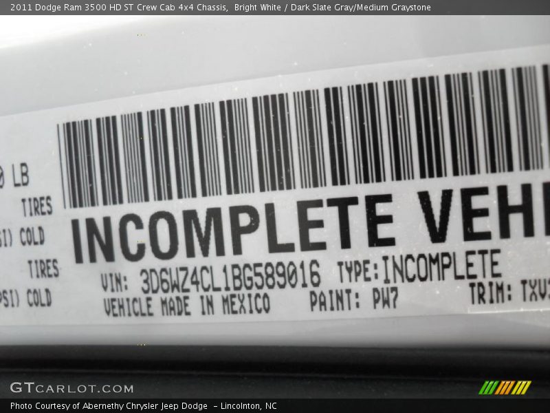 Info Tag of 2011 Ram 3500 HD ST Crew Cab 4x4 Chassis