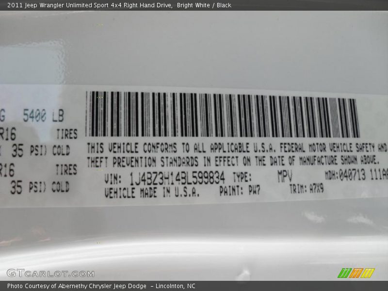 Bright White / Black 2011 Jeep Wrangler Unlimited Sport 4x4 Right Hand Drive
