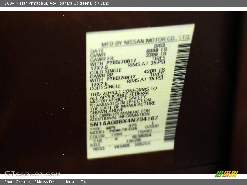 2004 Armada SE 4x4 Sahara Gold Metallic Color Code C10