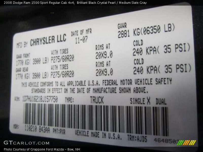 Brilliant Black Crystal Pearl / Medium Slate Gray 2008 Dodge Ram 1500 Sport Regular Cab 4x4