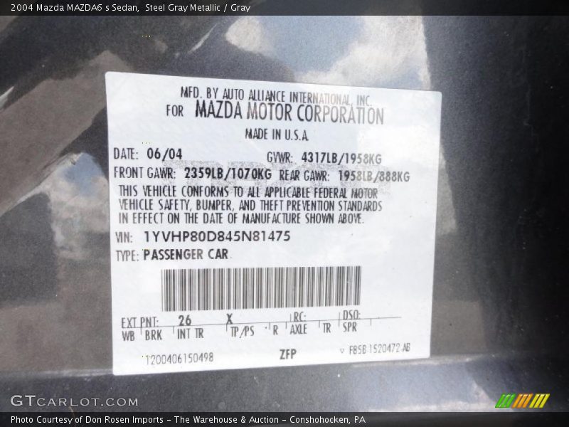 2004 MAZDA6 s Sedan Steel Gray Metallic Color Code 26X