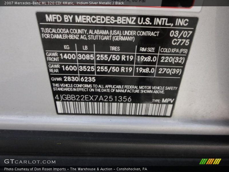 2007 ML 320 CDI 4Matic Iridium Silver Metallic Color Code 775