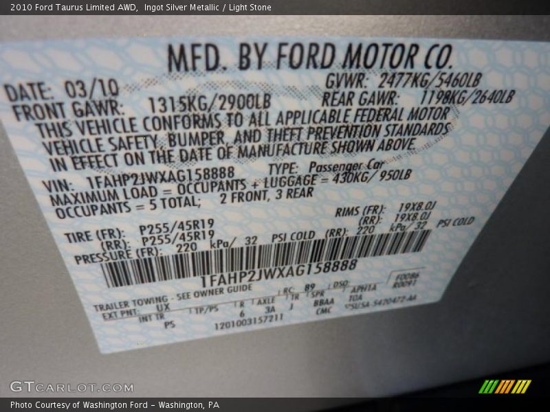 Ingot Silver Metallic / Light Stone 2010 Ford Taurus Limited AWD