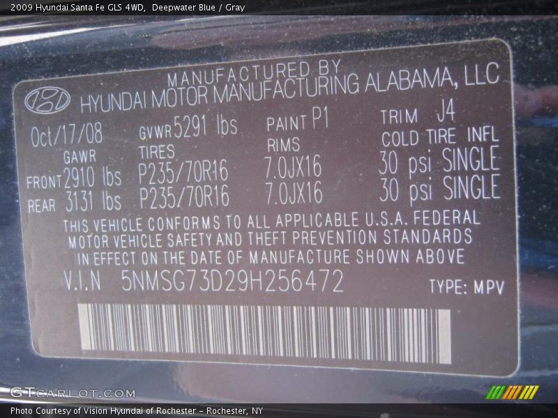 Deepwater Blue / Gray 2009 Hyundai Santa Fe GLS 4WD