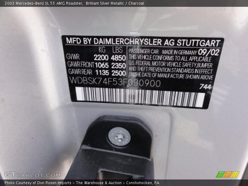 2003 SL 55 AMG Roadster Brilliant Silver Metallic Color Code 744