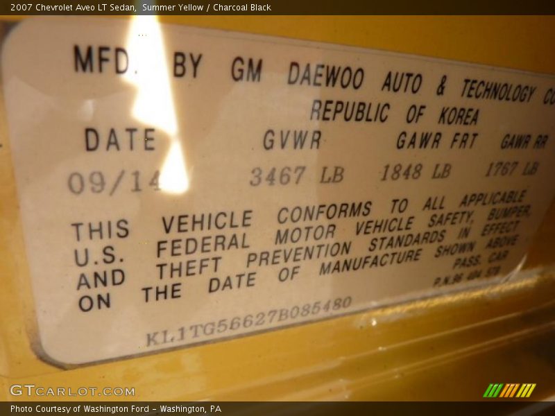 Info Tag of 2007 Aveo LT Sedan