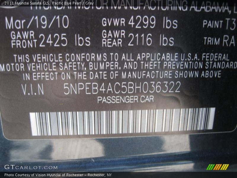 2011 Sonata GLS Pacific Blue Pearl Color Code T3