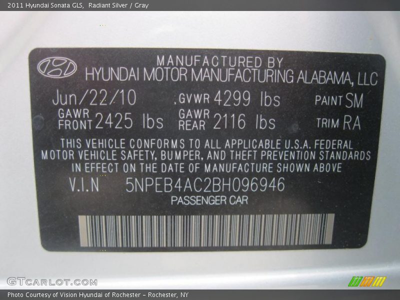 Radiant Silver / Gray 2011 Hyundai Sonata GLS