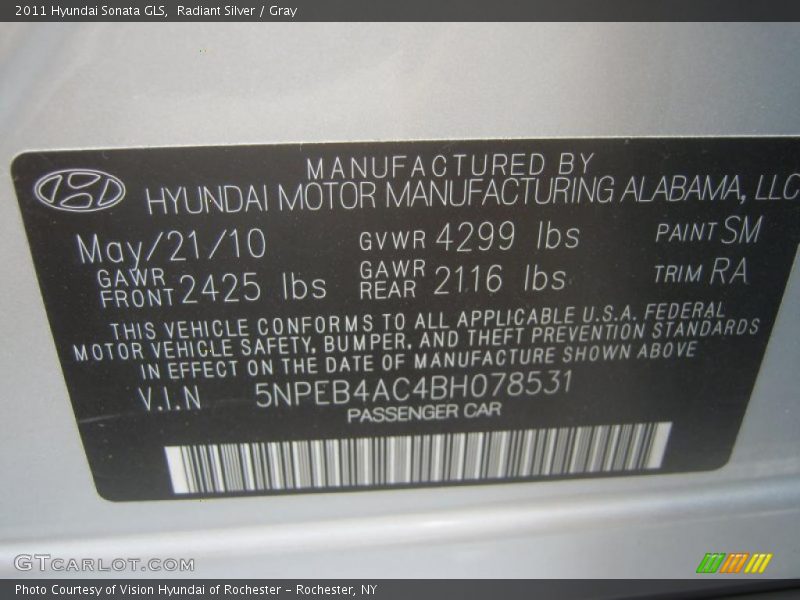 Radiant Silver / Gray 2011 Hyundai Sonata GLS