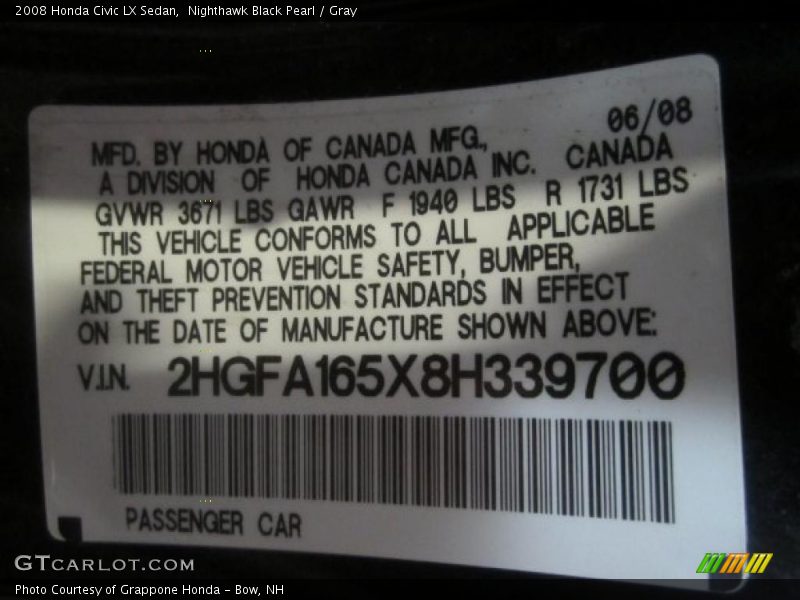 Nighthawk Black Pearl / Gray 2008 Honda Civic LX Sedan