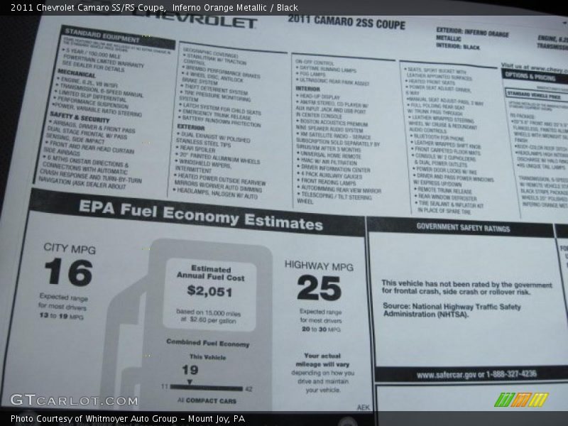  2011 Camaro SS/RS Coupe Window Sticker