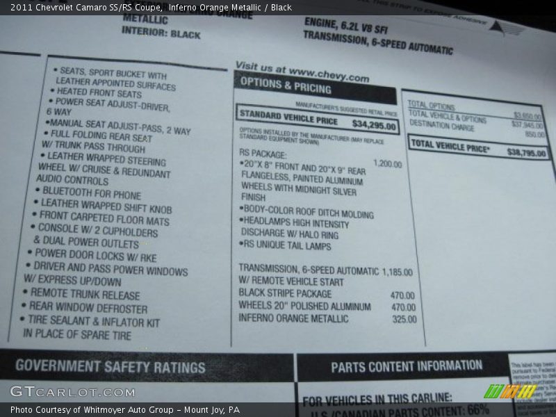  2011 Camaro SS/RS Coupe Window Sticker