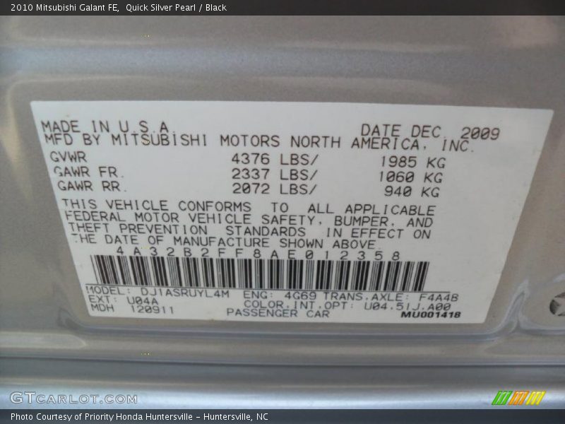 Quick Silver Pearl / Black 2010 Mitsubishi Galant FE
