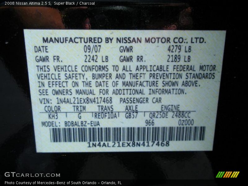 Super Black / Charcoal 2008 Nissan Altima 2.5 S