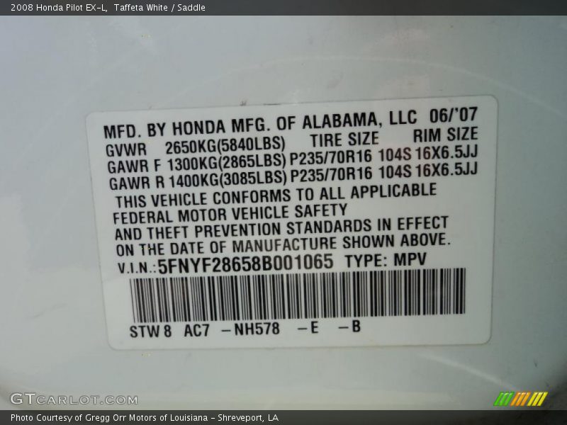 Taffeta White / Saddle 2008 Honda Pilot EX-L