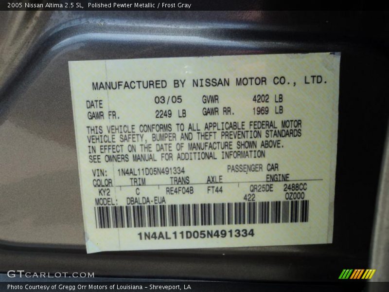 Polished Pewter Metallic / Frost Gray 2005 Nissan Altima 2.5 SL