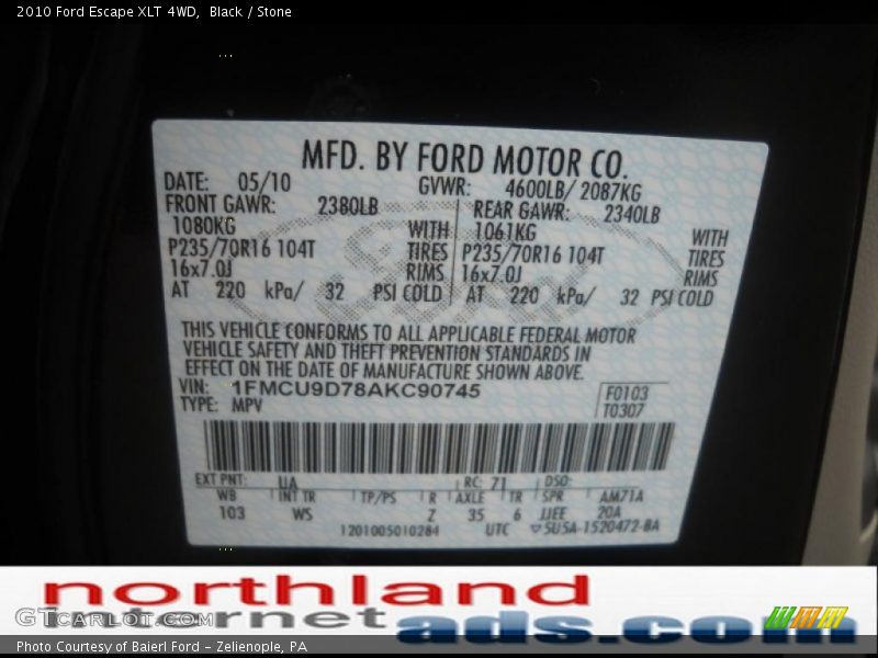 Black / Stone 2010 Ford Escape XLT 4WD