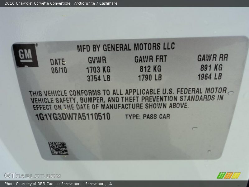 Info Tag of 2010 Corvette Convertible