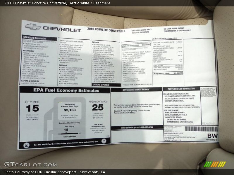  2010 Corvette Convertible Window Sticker