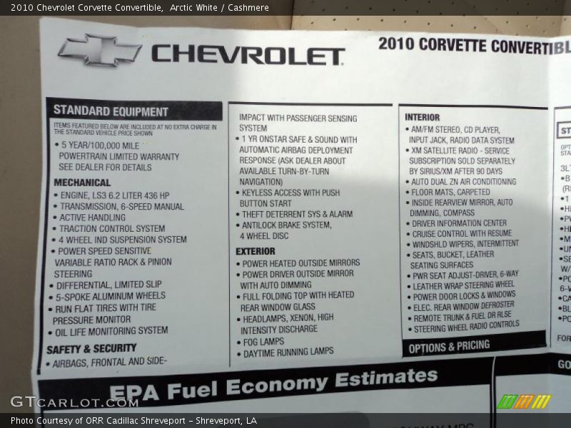  2010 Corvette Convertible Window Sticker